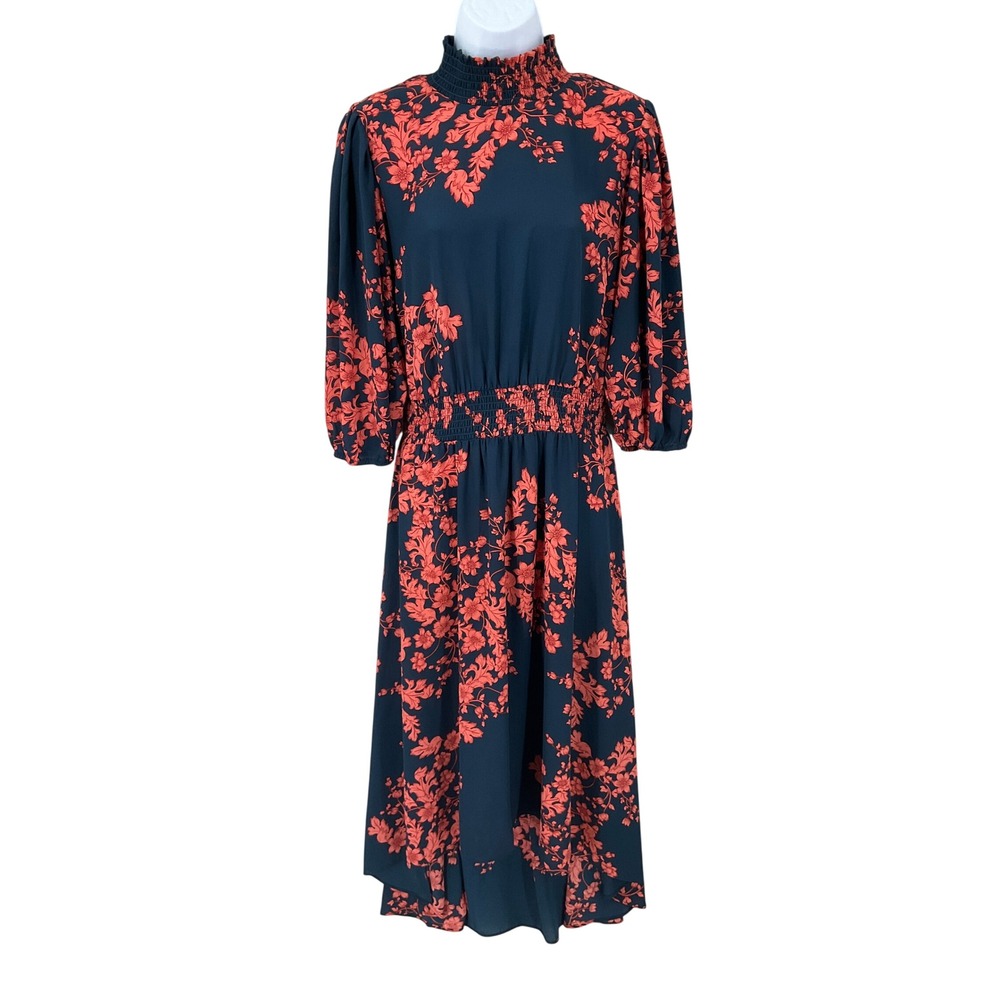 Nanette Lepore Dress Womens 8 Navy Coral Floral Smocked Mock Neck Boho Classic